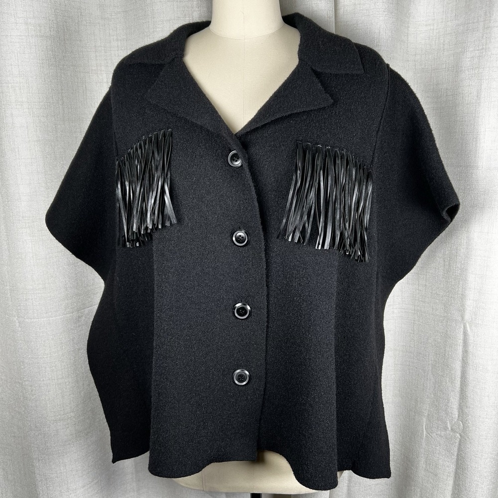 NEW! Anthropologie Pilcro Black One Size Poncho with Buttons Faux Leather fringe